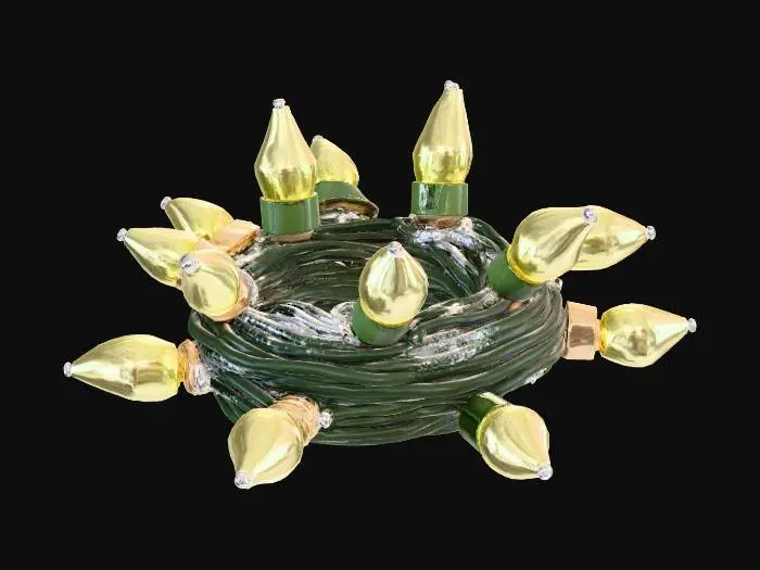 3D model for a festive string light bundle, thick cable, large warm bulbs, some bulbs frosted with snow, a few tiny icicles hanging, neatly coiled ends, cozy stylized diorama, hand-painted look, soft rounded shapes, clean game-ready topology, high quality PBR materials, subtle wear, warm emissive lights, centered single object, 3D printable-friendly thickness
, #Christmas2025#