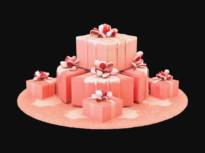 3D model for a pile of wrapped gifts, 5 boxes in different sizes, thick ribbons and bows, subtle paper texture, a little snow on edges, cozy festive colors, cozy stylized diorama, hand-painted look, soft rounded shapes, clean game-ready topology, high quality PBR materials, subtle wear, warm emissive lights, centered single object, 3D printable-friendly thickness
, #Christmas2025#