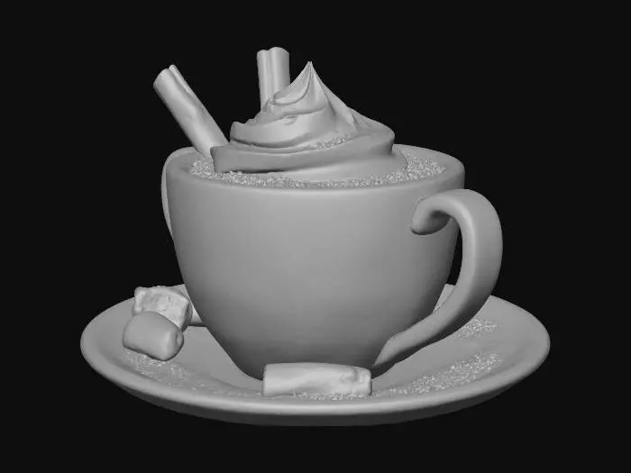 3D model for a cozy hot chocolate mug on a small saucer, whipped cream swirl, cinnamon stick, tiny marshmallows, steam-shaped sculpt detail, a bit of snow on the saucer rim, cozy stylized diorama, hand-painted look, soft rounded shapes, clean game-ready topology, high quality PBR materials, subtle wear, warm emissive lights, centered single object, 3D printable-friendly thickness
, #Christmas2025#