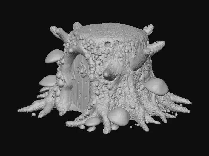 3D model for A magical ancient tree stump naturally decorated as a Christmas tree housing a gnome. The bark is heavily textured, covered in clusters of bioluminescent glowing mushrooms in red and green colors serving as fairy lights. Frozen crystalline berries act as ornaments, and draping silver moss looks like tinsel. A tiny carved round wooden door with a micro wreath is at the base, emitting a warm inviting light from inside. Patches of realistic heavy snow and clear ice. Organic textures, fantasy style, ultra-detailed, dramatic lighting 3D render., #Christmas2025#