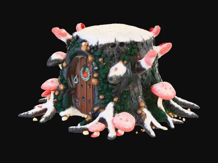 3D model for A magical ancient tree stump naturally decorated as a Christmas tree housing a gnome. The bark is heavily textured, covered in clusters of bioluminescent glowing mushrooms in red and green colors serving as fairy lights. Frozen crystalline berries act as ornaments, and draping silver moss looks like tinsel. A tiny carved round wooden door with a micro wreath is at the base, emitting a warm inviting light from inside. Patches of realistic heavy snow and clear ice. Organic textures, fantasy style, ultra-detailed, dramatic lighting 3D render., #Christmas2025#