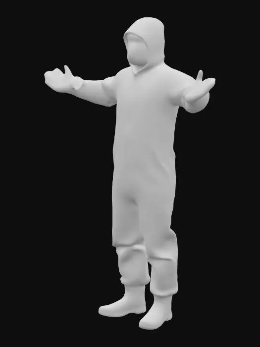 3D model for A full-body shot of an anonymous, unsettling figure in a weathered, faded yellow hazmat suit, standing rigidly in a perfect T-pose. The figure is centered in a stark, infinite, seamless white void that serves as the background. The lighting is flat, clinical, and shadowless, creating a surreal and sterile atmosphere. The suit's material is slightly creased and shows subtle signs of wear and dirt, hinting at a long existence in this empty space. The face is completely obscured by the suit's dark, reflective visor, leaving the figure devoid of any identity or emotion. The overall aesthetic should be photorealistic, resembling a high-resolution still from a piece of found footage, capturing the eerie, liminal, and unnerving essence of the Backrooms.