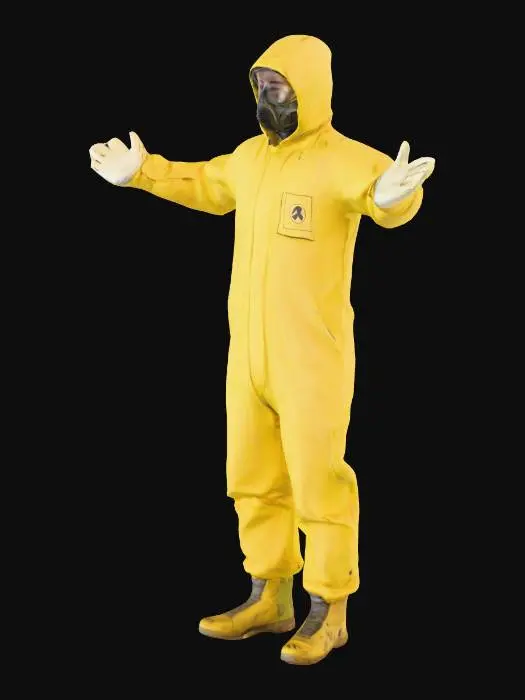 3D model for A full-body shot of an anonymous, unsettling figure in a weathered, faded yellow hazmat suit, standing rigidly in a perfect T-pose. The figure is centered in a stark, infinite, seamless white void that serves as the background. The lighting is flat, clinical, and shadowless, creating a surreal and sterile atmosphere. The suit's material is slightly creased and shows subtle signs of wear and dirt, hinting at a long existence in this empty space. The face is completely obscured by the suit's dark, reflective visor, leaving the figure devoid of any identity or emotion. The overall aesthetic should be photorealistic, resembling a high-resolution still from a piece of found footage, capturing the eerie, liminal, and unnerving essence of the Backrooms.