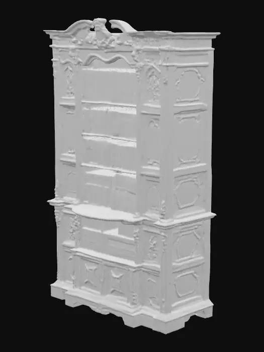 3D model for Tall, dark wood Victorian bookshelves, filled with old, leather-bound books. The shelves are covered in a layer of dust, with some cobwebs in the corners.

