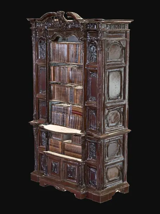 3D model for Tall, dark wood Victorian bookshelves, filled with old, leather-bound books. The shelves are covered in a layer of dust, with some cobwebs in the corners.

