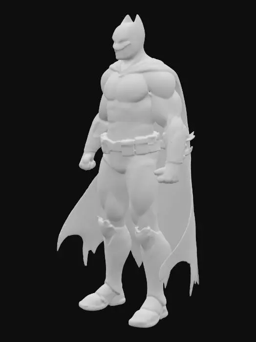 3D model for "A hyper-realistic, 8K resolution 3D model of Batman in a heroic, dynamic pose. Muscular, athletic build. Modern tactical dark grey carbon fiber and reinforced kevlar suit with subtle battle damage. Sleek black Bat symbol. Matte black leather utility belt with metallic gold pouches. Long, flowing, heavy fabric-like cape. Form-fitting cowl with medium pointed ears, determined facial expression. Dramatic, cinematic lighting (chiaroscuro) emphasizing details. Simple dark grey studio background. Rendered in Unreal Engine 5 with V-Ray, photorealistic, cinematic quality, intricate details."