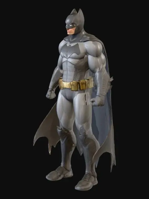 3D model for "A hyper-realistic, 8K resolution 3D model of Batman in a heroic, dynamic pose. Muscular, athletic build. Modern tactical dark grey carbon fiber and reinforced kevlar suit with subtle battle damage. Sleek black Bat symbol. Matte black leather utility belt with metallic gold pouches. Long, flowing, heavy fabric-like cape. Form-fitting cowl with medium pointed ears, determined facial expression. Dramatic, cinematic lighting (chiaroscuro) emphasizing details. Simple dark grey studio background. Rendered in Unreal Engine 5 with V-Ray, photorealistic, cinematic quality, intricate details."