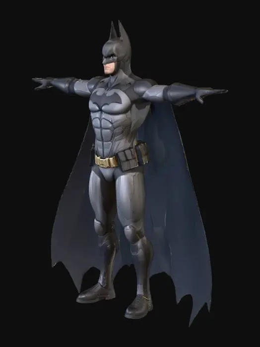 3D model for "A hyper-realistic, 8K resolution 3D model of Batman in a heroic, dynamic pose. Muscular, athletic build. Modern tactical dark grey carbon fiber and reinforced kevlar suit with subtle battle damage. Sleek black Bat symbol. Matte black leather utility belt with metallic gold pouches. Long, flowing, heavy fabric-like cape. Form-fitting cowl with medium pointed ears, determined facial expression. Dramatic, cinematic lighting (chiaroscuro) emphasizing details. Simple dark grey studio background. Rendered in Unreal Engine 5 with V-Ray, photorealistic, cinematic quality, intricate details."