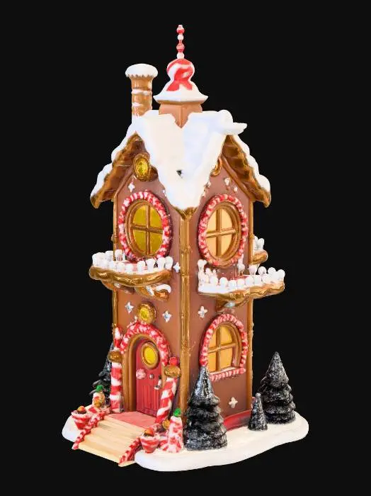 3D model for Whimsical clockwork gingerbread observatory tower, edible cookie walls with carved star patterns, candy-cane gears and brass clock parts integrated into the structure, frosted sugar-glass windows, tiny chimney with soft steam sculpt detail, warm lanterns and glowing stained-glass aurora panels, snow piled on ledges, highly detailed but clean silhouette, centered single object, cozy stylized diorama, hand-painted look, high quality PBR materials, game-ready topology, no characters, no text
, #Christmas2025#
