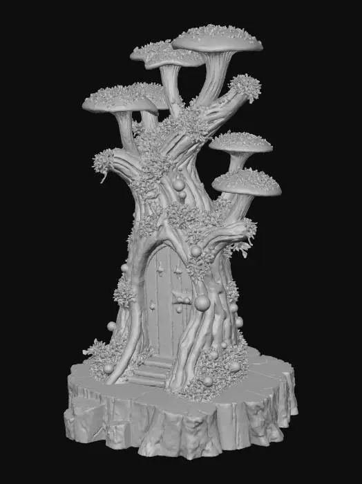 3D model for A magical ancient tree stump naturally decorated as a Christmas tree housing a gnome. The bark is heavily textured, covered in clusters of bioluminescent glowing mushrooms in red and green colors serving as fairy lights. Frozen crystalline berries act as ornaments, and draping silver moss looks like tinsel. A tiny carved round wooden door with a micro wreath is at the base, emitting a warm inviting light from inside. Patches of realistic heavy snow and clear ice. Organic textures, fantasy style, ultra-detailed, dramatic lighting 3D render.