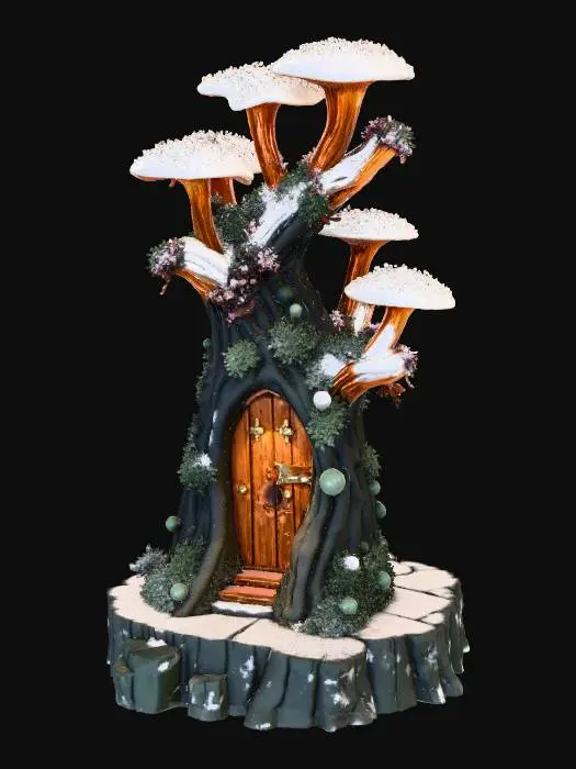 3D model for A magical ancient tree stump naturally decorated as a Christmas tree housing a gnome. The bark is heavily textured, covered in clusters of bioluminescent glowing mushrooms in red and green colors serving as fairy lights. Frozen crystalline berries act as ornaments, and draping silver moss looks like tinsel. A tiny carved round wooden door with a micro wreath is at the base, emitting a warm inviting light from inside. Patches of realistic heavy snow and clear ice. Organic textures, fantasy style, ultra-detailed, dramatic lighting 3D render.