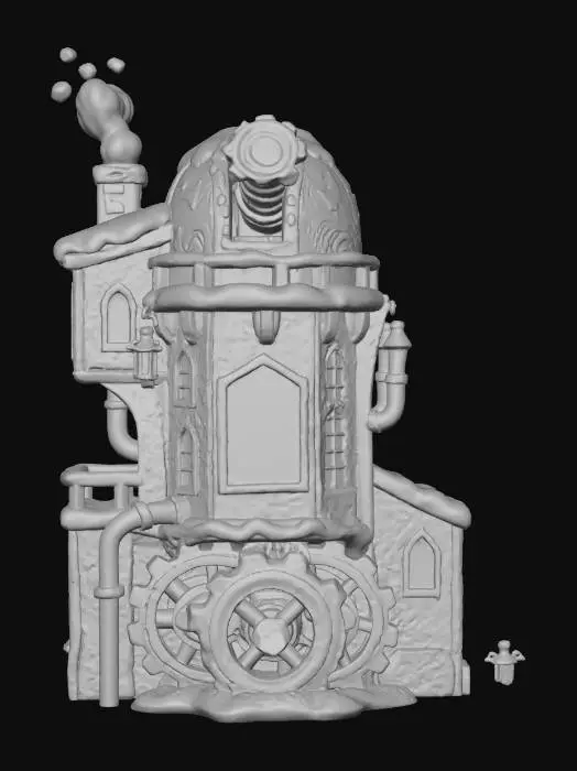 3D model for Whimsical clockwork gingerbread observatory tower, edible cookie walls with carved star patterns, candy-cane gears and brass clock parts integrated into the structure, frosted sugar-glass windows, tiny chimney with soft steam sculpt detail, warm lanterns and glowing stained-glass aurora panels, snow piled on ledges, highly detailed but clean silhouette, centered single object, cozy stylized diorama, hand-painted look, high quality PBR materials, game-ready topology, no characters, no text
, #Christmas2025#