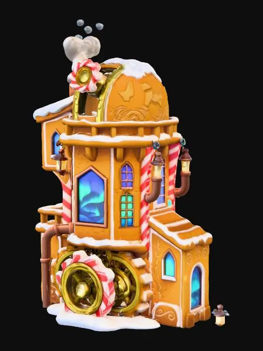 3D model for Whimsical clockwork gingerbread observatory tower, edible cookie walls with carved star patterns, candy-cane gears and brass clock parts integrated into the structure, frosted sugar-glass windows, tiny chimney with soft steam sculpt detail, warm lanterns and glowing stained-glass aurora panels, snow piled on ledges, highly detailed but clean silhouette, centered single object, cozy stylized diorama, hand-painted look, high quality PBR materials, game-ready topology, no characters, no text
, #Christmas2025#
