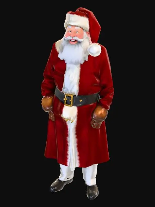 3D model for A highly detailed, photorealistic character portrait of Santa Claus. Features a voluminous, fibrous white beard and hair with individually modeled strands. His face shows deep laugh lines, realistic skin pores, rosy cheeks, and a warm, jovial expression with a twinkle in his detailed blue eyes. He wears a heavy, deep red velvet suit with thick, fluffy white faux fur trim showing realistic fiber texture, and a wide worn black leather belt with an oxidized brass buckle. He is holding a rustic wooden pipe. Cinematic warm portrait lighting, subsurface skin scattering, 8k resolution, hyper-detailed character design., #Christmas2025#