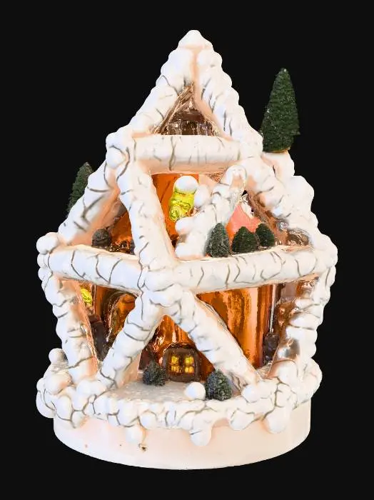 3D model for Escher-style advent-calendar polyhedron: a floating dodecahedron of porcelain and packed snow, each face has a hinged door opening into a tiny glowing micro-scene (mini fireplace, mini pine, mini frozen lake), several doors slightly ajar with warm light spilling out, clockwork hinges and micro gears, elegant kintsugi gold cracks, icicles and powder snow, high detail, clean silhouette, centered single object, premium PBR, game-ready topology, no characters, no numbers, no text
, #Christmas2025#