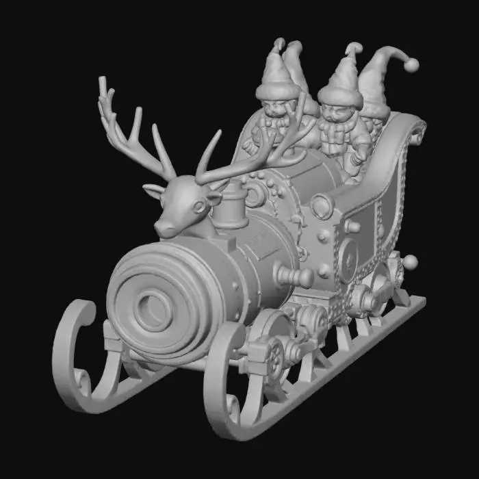3D model for Steampunk Christmas Sleigh Engine designed as a complex mechanical gadget. Made of polished brass gears, oxidized copper pipes painted with red and white candy cane stripes, and varnished mahogany wood panels. A central glowing glass boiler is filled with swirling artificial snow and miniature clockwork elves working. A robotic bronze reindeer head with glowing red lens eyes is at the front. Steam vents releasing vapor. Intricate mechanical details, cinematic warm lighting, 8k resolution, stylized realism 3D model., #Christmas2025#