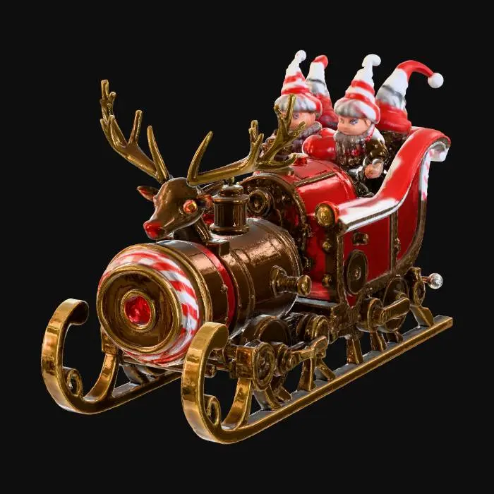 3D model for Steampunk Christmas Sleigh Engine designed as a complex mechanical gadget. Made of polished brass gears, oxidized copper pipes painted with red and white candy cane stripes, and varnished mahogany wood panels. A central glowing glass boiler is filled with swirling artificial snow and miniature clockwork elves working. A robotic bronze reindeer head with glowing red lens eyes is at the front. Steam vents releasing vapor. Intricate mechanical details, cinematic warm lighting, 8k resolution, stylized realism 3D model., #Christmas2025#
