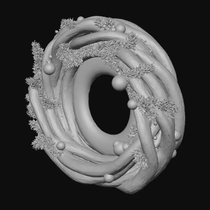 3D model for Impossible Möbius-strip Christmas wreath portal, single continuous ribbon made of carved dark wood merging into frosted ice, inner edge lined with miniature warm lanterns, outer edge studded with shattered glass ornaments suspended in midair by thin magical filaments, swirling aurora vortex filling the center hole, snow crystals spiraling around the loop, subtle brass inlays and micro-engraved snowflake filigree, high detail but clean silhouette, centered single object, premium stylized PBR, game-ready topology, no characters, no text
, #Christmas2025#