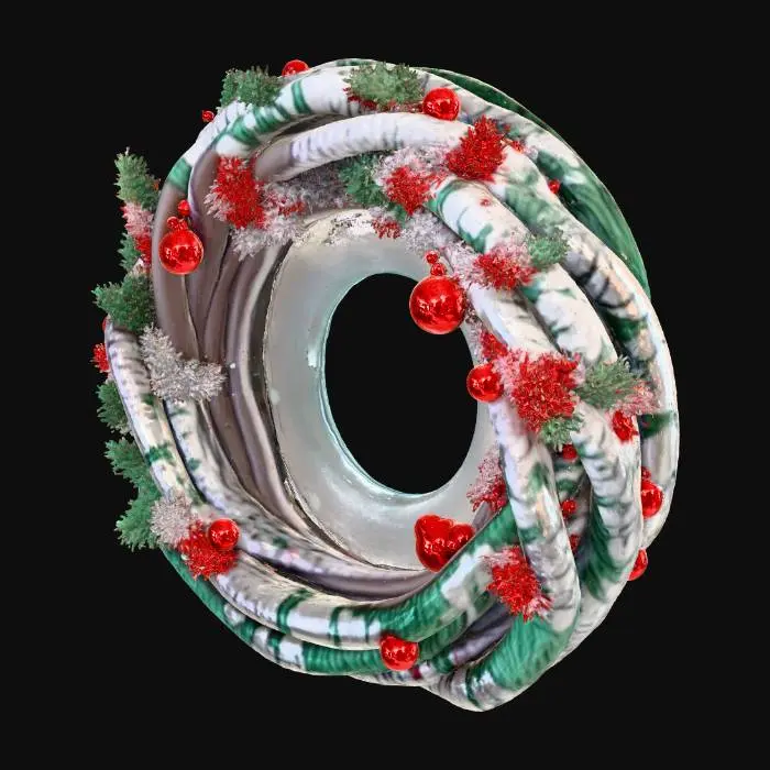 3D model for Impossible Möbius-strip Christmas wreath portal, single continuous ribbon made of carved dark wood merging into frosted ice, inner edge lined with miniature warm lanterns, outer edge studded with shattered glass ornaments suspended in midair by thin magical filaments, swirling aurora vortex filling the center hole, snow crystals spiraling around the loop, subtle brass inlays and micro-engraved snowflake filigree, high detail but clean silhouette, centered single object, premium stylized PBR, game-ready topology, no characters, no text
, #Christmas2025#