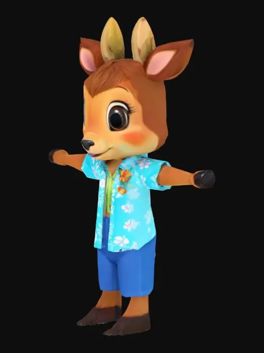 3D model for A cute female deer in the style of a DreamWorks film character, Summer-themed outfit with a Hawaiian shirt, blue pant, open arms, T-post, symmetrical, simplistic. 