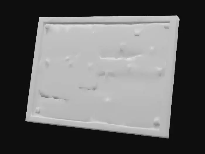 3D model for A notice board with lots of sticky notes and doodles on it with tacks and tape holding the items up. The board is cartoony, simple, and textured like cork.