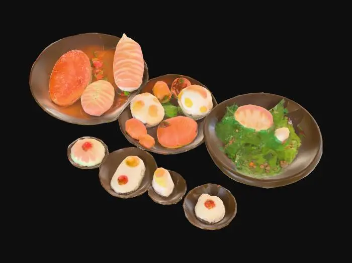 3D model for A banquet table set with lavish and delicious food inspired by Ghibli Studios food items.