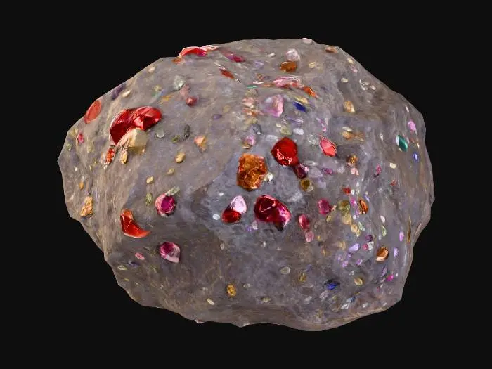 3D model for A large ore stone of rock with metallic shiny gems sticking out of it.