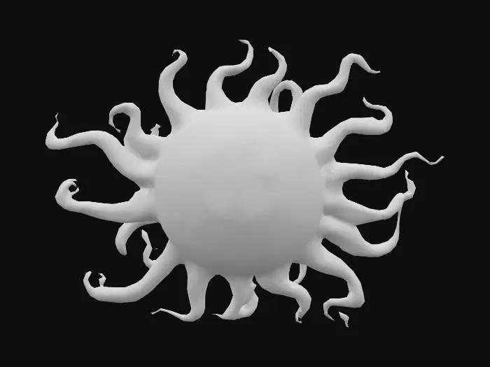 3D model for A floating eyeball with a psychedelic iris and red tentacles following behind it.