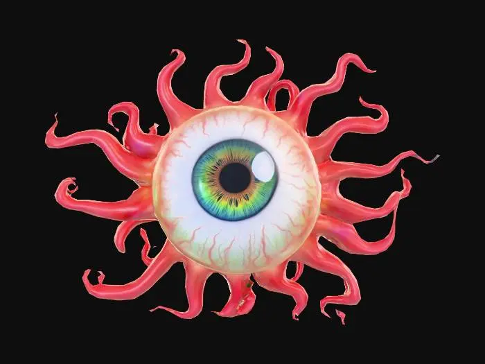 3D model for A floating eyeball with a psychedelic iris and red tentacles following behind it.