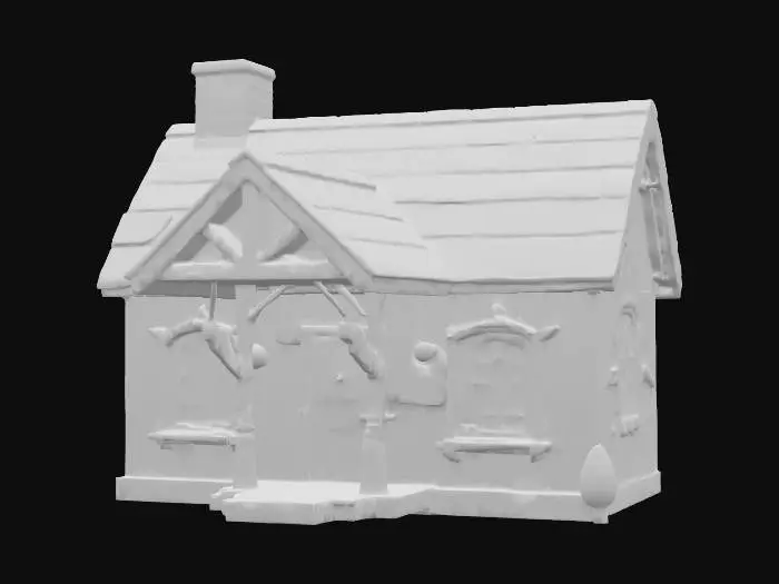3D model for A simple low poly country home with a cute roof and chimney. Stained glass windows. Cottagecore aesthetics.