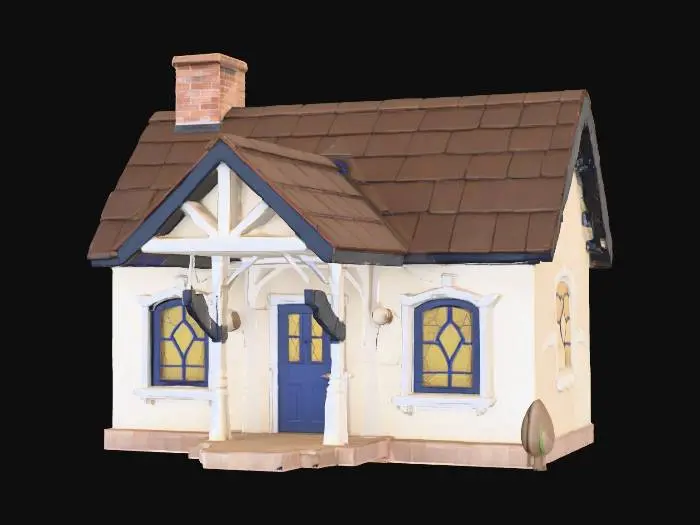 3D model for A simple low poly country home with a cute roof and chimney. Stained glass windows. Cottagecore aesthetics.
