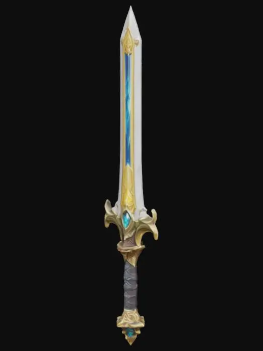 3D model for A legendary shimmering sword polished and high definition in a World of Warcraft style with a bejeweled hilt and angelic motifs.