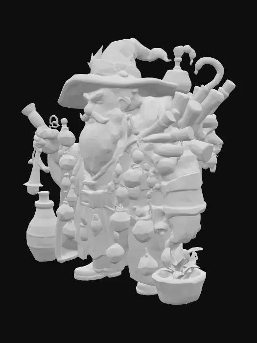 3D model for Symmetrical pixel art of a merchant wearing a big coat of various items to sell.