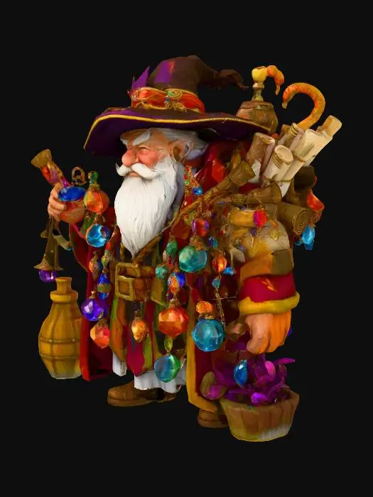 3D model for Symmetrical pixel art of a merchant wearing a big coat of various items to sell.