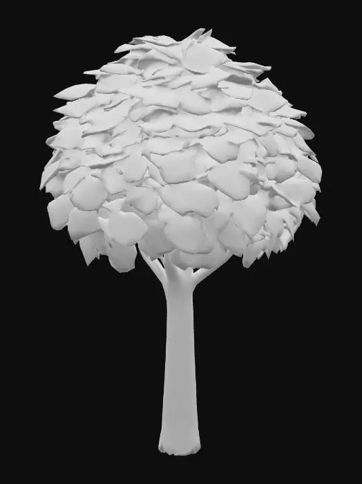 3D model for A simplistic leafy tree featuring a smooth, cylindrical trunk that tapers slightly upwards. Its bark is a uniform, matte brown, devoid of intricate textures. The crown is a dense, rounded mass of smooth, ovoid leaves in various shades of vibrant green, forming a single, cohesive blob-like shape. The leaves have a soft, almost rubbery appearance, without individual veins or sharp edges.