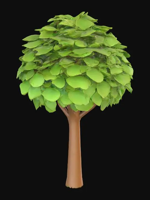 3D model for A simplistic leafy tree featuring a smooth, cylindrical trunk that tapers slightly upwards. Its bark is a uniform, matte brown, devoid of intricate textures. The crown is a dense, rounded mass of smooth, ovoid leaves in various shades of vibrant green, forming a single, cohesive blob-like shape. The leaves have a soft, almost rubbery appearance, without individual veins or sharp edges.