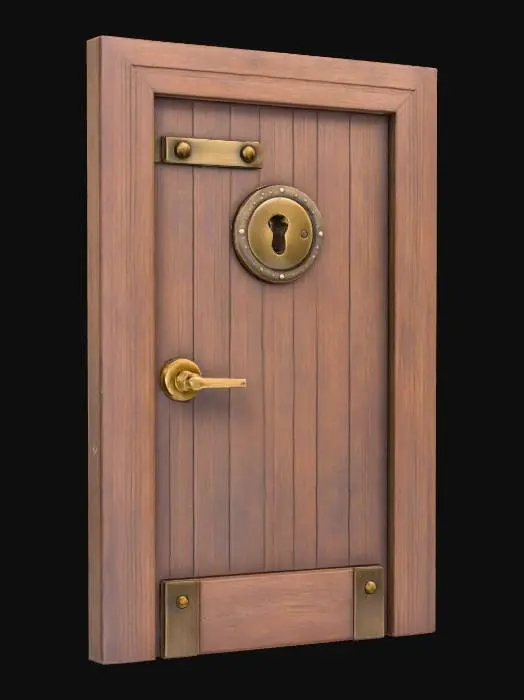 3D model for A wooden door with a brass handle and an old fashioned keyhole.