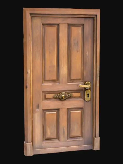 3D model for A wooden door with a brass handle and an old fashioned keyhole.