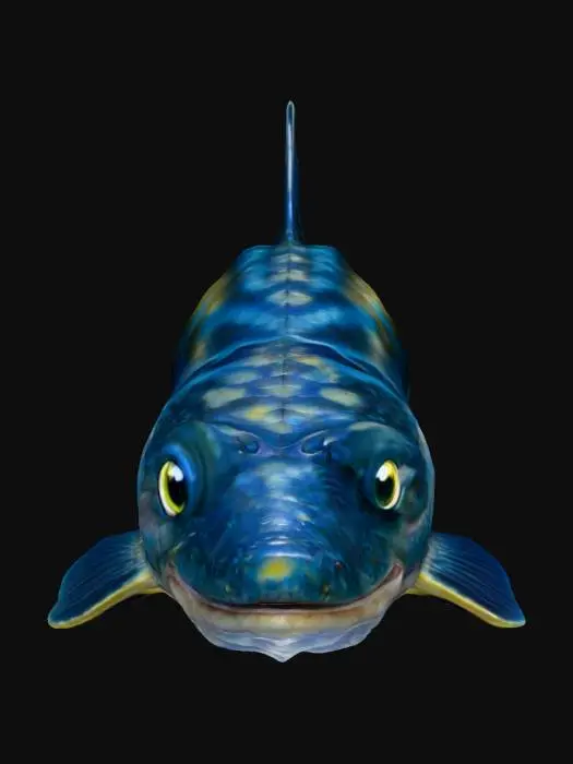 3D model for A sturgeon fish with shiny scales and large eyes.