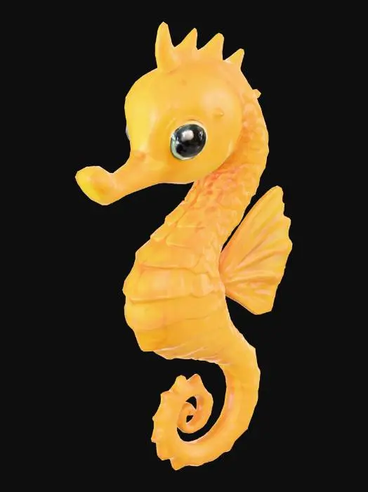 3D model for A seahorse with yellow coloring and large eyes with a cute design.