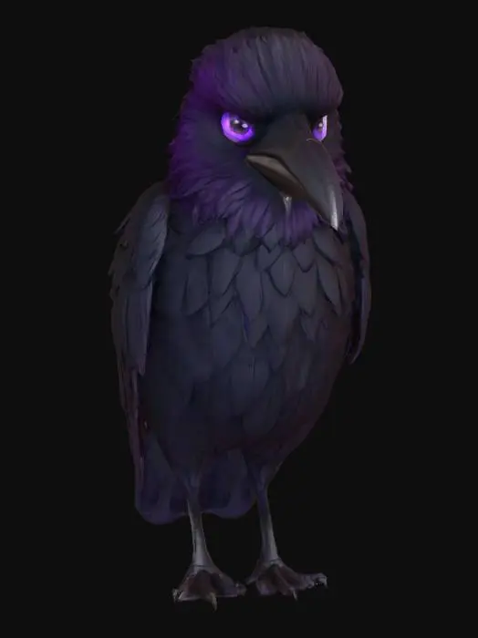 3D model for A big crow with ruffled fluffy feathers and large purple eyes.