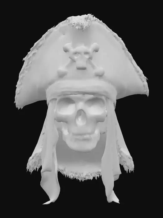 3D model for A tricone pirate's hat, shabby and damaged and with a pirate's skull emblem on it