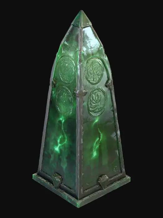 3D model for An eldritch obelisk with ancient arcane etchings on it, the obelisk is made of a dark green obsidian.