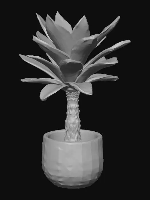 3D model for A cute, miniature palm tree with broad, vibrant green, waxy leaves gently arching from a smooth, light brown fibrous trunk. It stands firmly rooted in a small, round ceramic pot featuring a matte, light blue glazed finish. The pot's clean, simple design and cool, smooth texture complement the tree's youthful, organic charm.