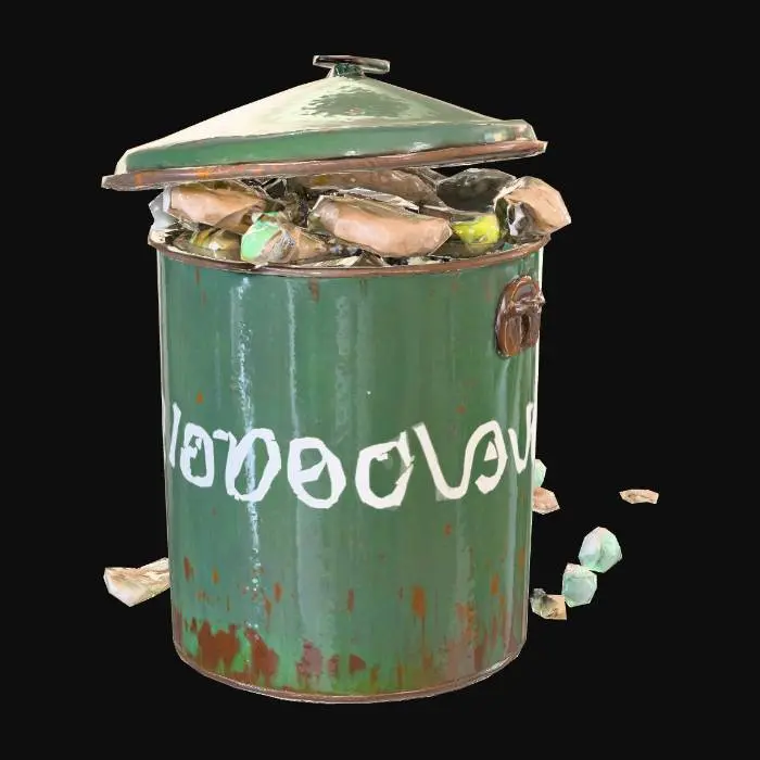 3D model for An old school metal trash can overflowing with garbage.