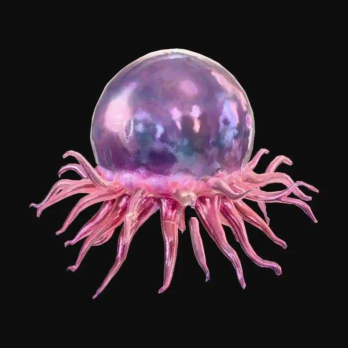 3D model for A cartoon amoeba that looks like a giant germ with translucent skin and various organelles inside.