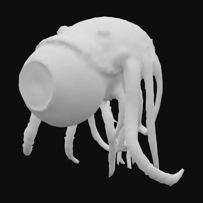 3D model for A floating eyeball with a psychedelic iris and red tentacles following behind it.