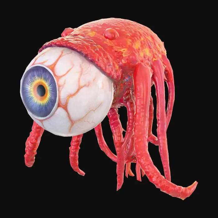 3D model for A floating eyeball with a psychedelic iris and red tentacles following behind it.