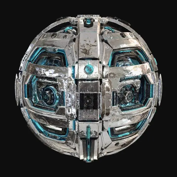 3D model for Sci-fi metallic orb, perfectly spherical, composed of layered segmented panels with exposed inner machinery. Brushed steel and dark alloy surfaces with glowing seams (blue or cyan). Panels slightly offset, revealing cables, vents, and rotating mechanical rings beneath. Intricate surface detailing—tiny screws, grooves, and circuit-like patterns. Subtle wear with heat discoloration and fine scratches. Central core emits a soft pulsing light through gaps. Mix of matte and semi-gloss metals, high-tech, futuristic, precision-engineered look.
