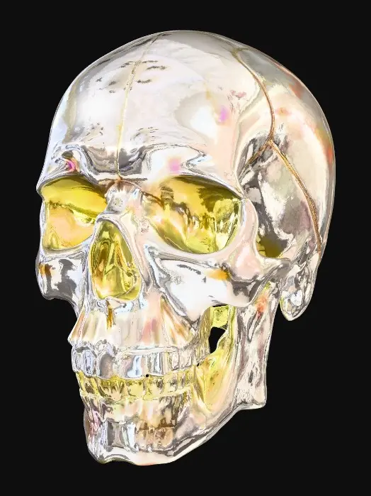 3D model for An opal skull. The exquisite carved gemstone showcases a milky, translucent quality, allowing for an internal glow that emanates a full spectrum of radiant, opalescent hues. Fine, hair-thin internal veins catch and refract light, enhancing the shifting rainbow effect that dances across its pointed ends and along its subtly ridged edges. Blues, reds, yellows, greens, all appear like a real opal in the light.